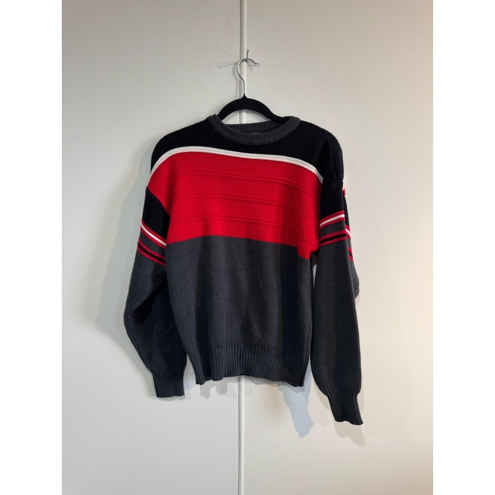 Vintage Spetro Sweater Mens Small Black Red Gray Striped Knit Pullover‎ 80s 90s